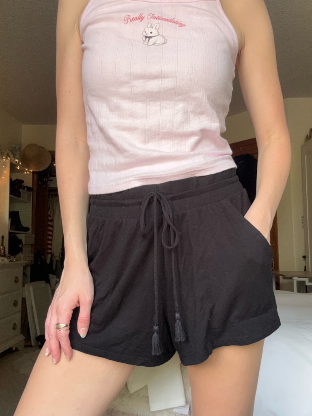 target stars above black flowy lounge shortws